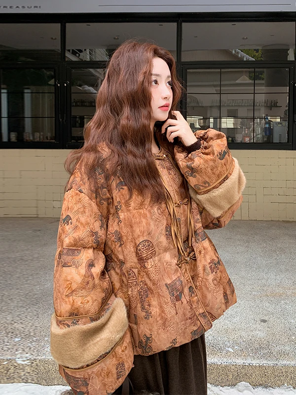 

Новая китайская женская пуховая куртка с принтом, теплая, пушистая, с комбинированными вставками, зимняя модная повседневная верхняя одежда с круглым вырезом