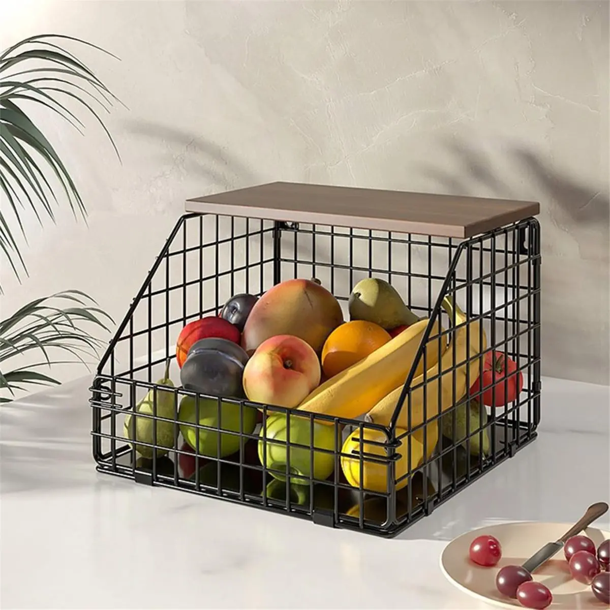 Industrial Tools Fruit Baskets Kitchen Counter Hanging Wire Baskets with Wood Lids Countertop Vegetable Fruit Snack Storage Orga