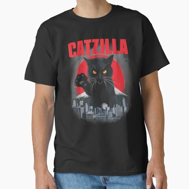 

Black Cat Catzilla King of Monster Gift t shirt for Cat Lover Short Sleeve Graphic tee Cute kitty y2k clothes All size Tops
