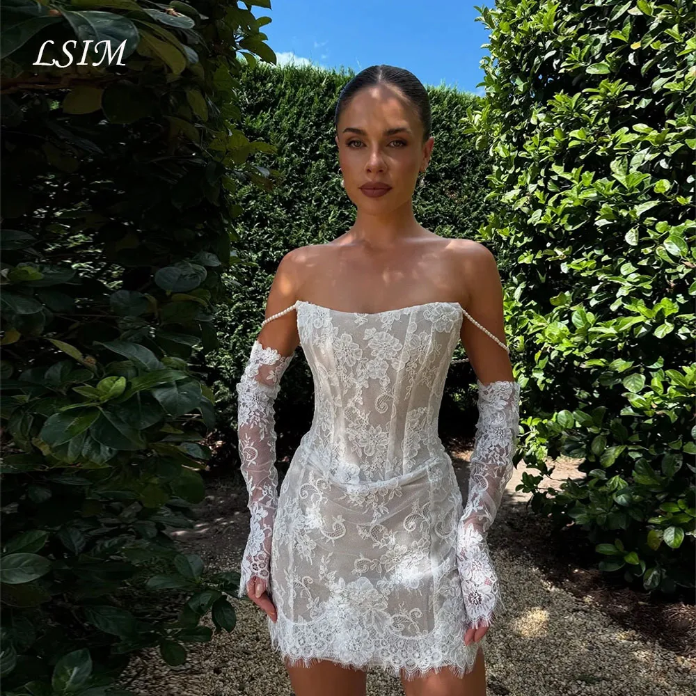 

Lism Customized Off the Shoulder Strapless Short Pearls Wedding Dresses 2026 Delicate Lace Lace up Bridal Gown Vestido De Noival