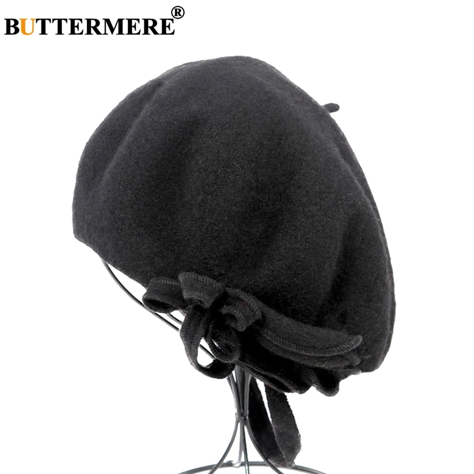 BUTTERMERE Wool French Beret For Women Green Elegant Painters Hats Ladies Solid Bowknot Female Beret Autumn Winter Artist Cap