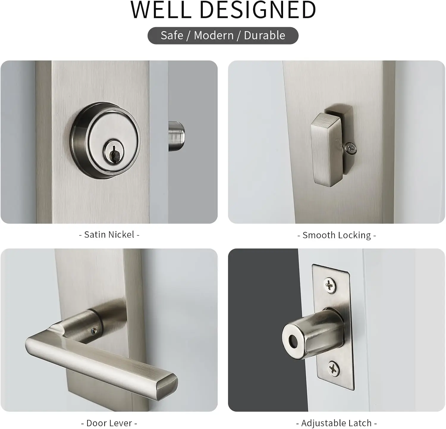 مقبض الباب الأمامي من النيكل الساتان - مجموعة قفل الدخول الحديثة مع ديدبولت، رافعة الباب الخارجي 3 مفاتيح لليد اليسرى واليمنى #3