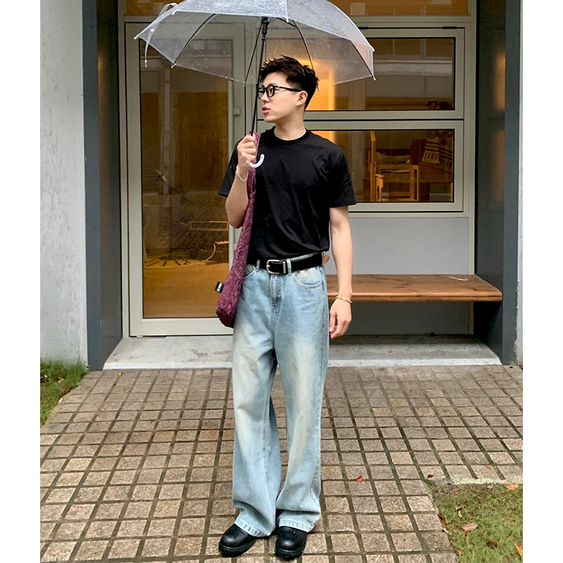 

Blue Wide Leg Men's Jeans Summer American High Street Washed Straight Tube Pants Trendy And Handsome Street Style New 2024