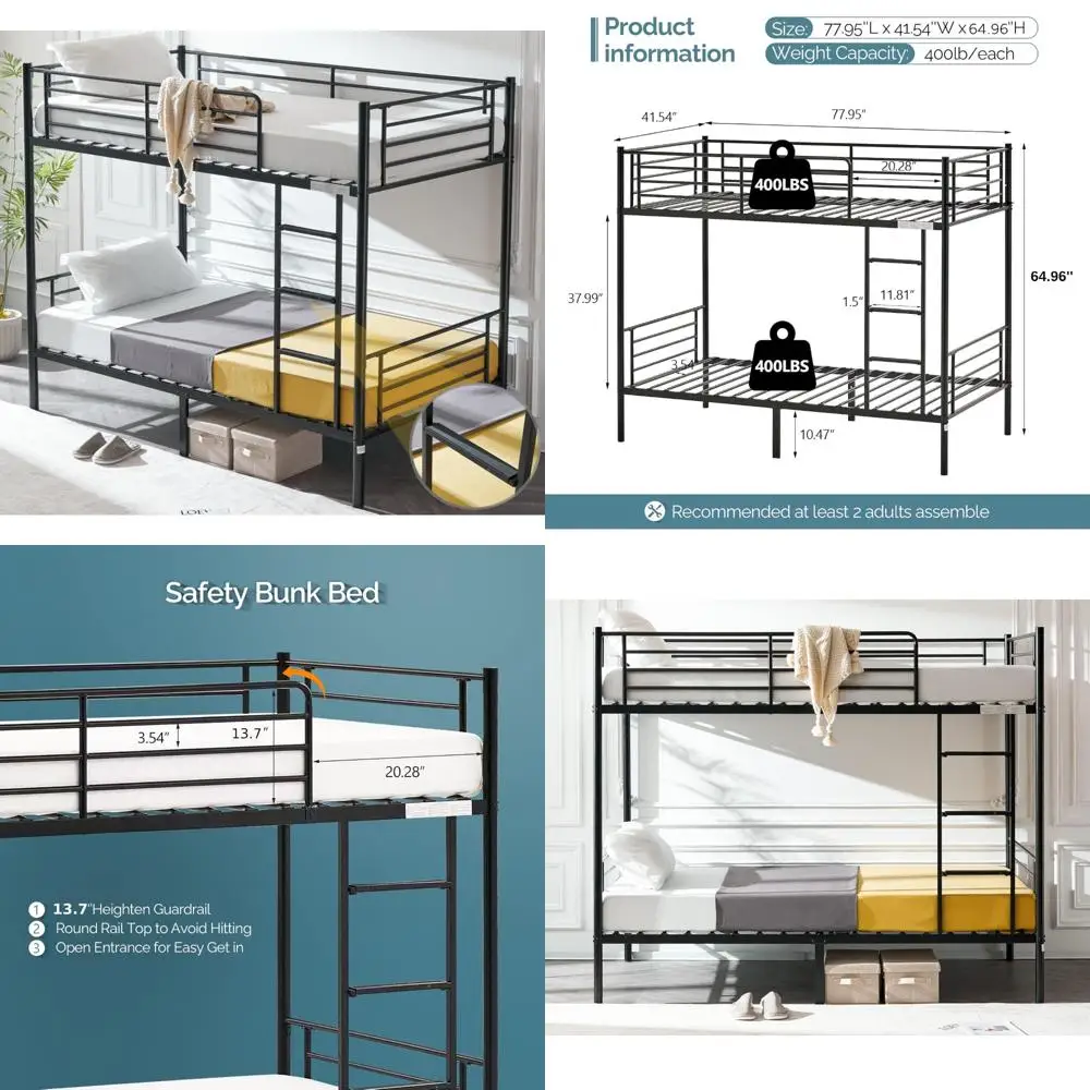 Litera doble sobre dos camas individuales con escaleras para niños, adolescentes y adultos: listones de metal resistentes, no necesita somier, peldaños planos para seguridad