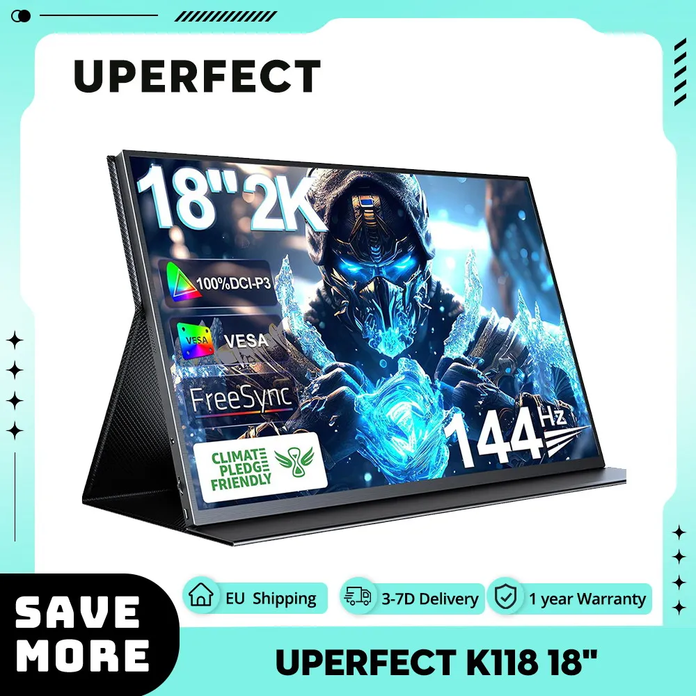 UPERFECT K118 18'' Portable Gaming Monitor 144Hz Refresh Rate 2560x1600 IPS Screen, 1000:1 Contrast Ratio, FreeSync, 100% DCI-P3