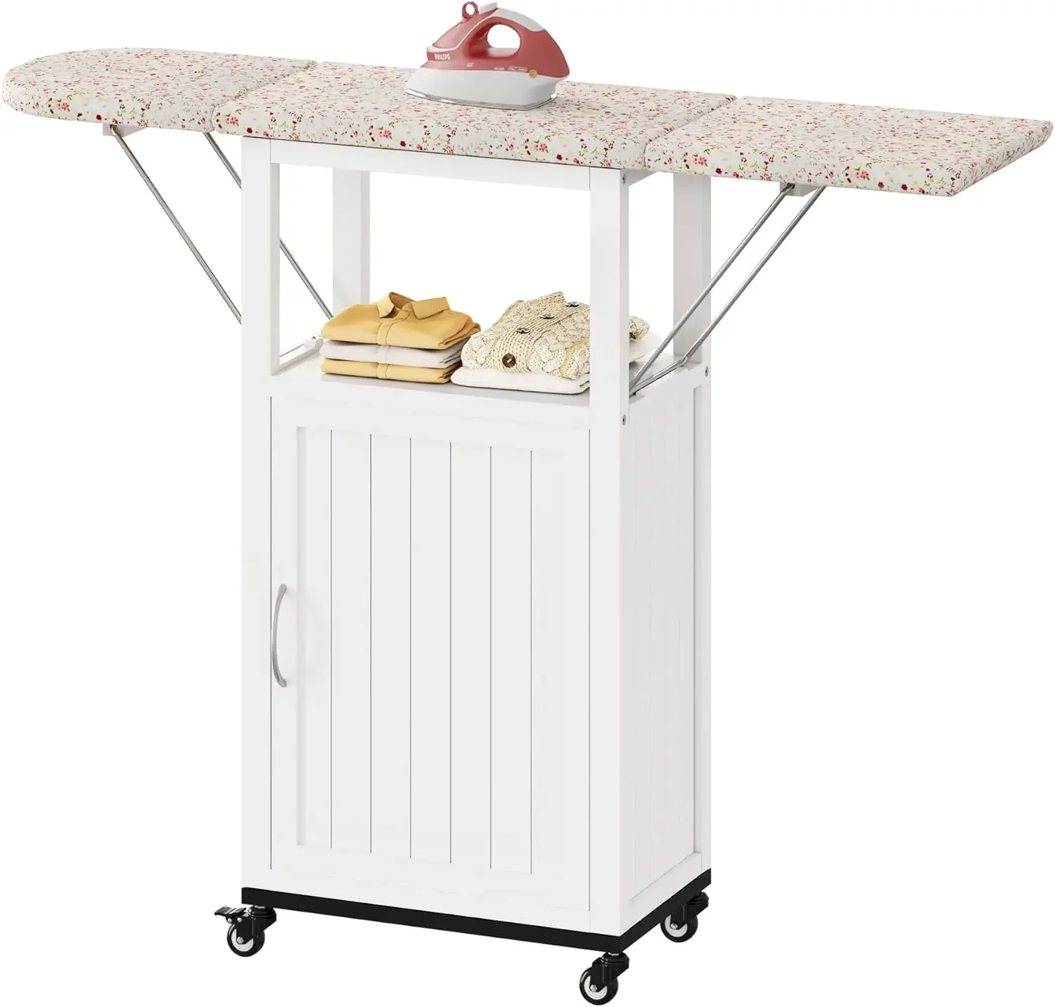 

Rolling Ironing Board with Storage Cabinet, Folding Ironing Board with Wheels, Craft Table with Storage, Wooden Fold Down Ironin