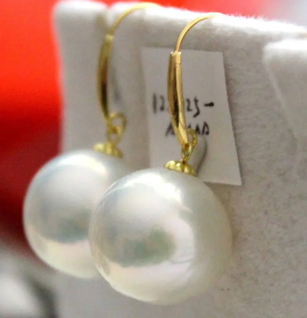 free shipping a pair of 11-12mm natural south sea round white pearl earring