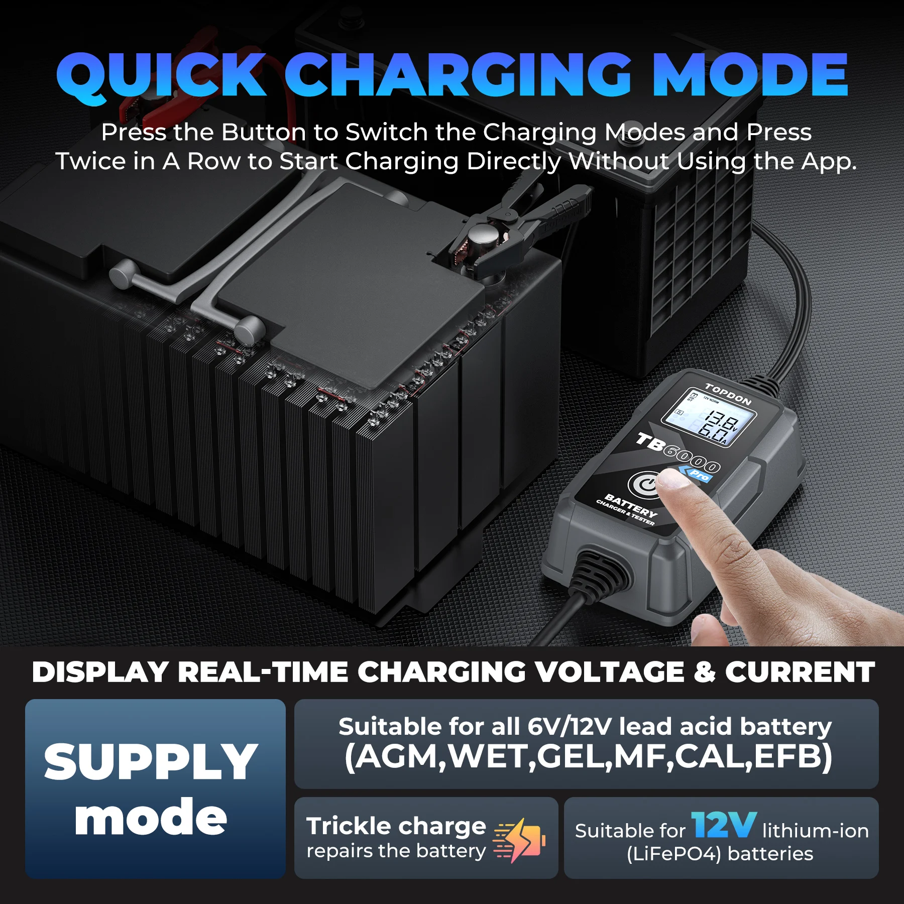 

2025 hot sale Portable topdon TB6000 Pro Lead Acid Lithium 12v 24v Automatic Auto 12 v Automotive Vehicle Battery Charger Power