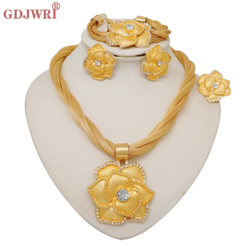 

New Fine Jewelry Sets Dubai African Gold Color Jewelry Sets Wedding For Women Flower Necklace Set Indian Costume Jewellery Gifts