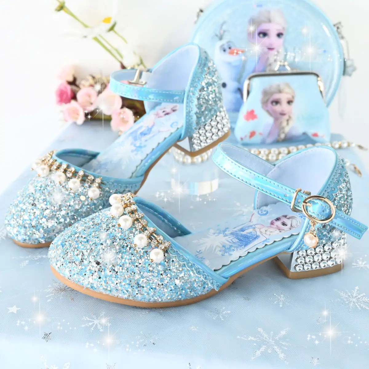 Disney Princess Shoes Girl Elsa Shoes Fashion Frozen Crystal Pearly Girl tacco alto primavera in pelle rosa blu scarpe taglia 23-36