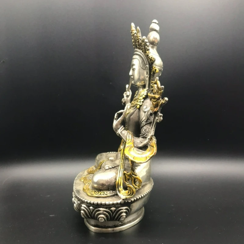 White Copper Silver-plated Image Manjushri Buddha Wisdom Sword Lotus Tibetan Buddhist Art, Home Altar Decor Feng Shui Gift
