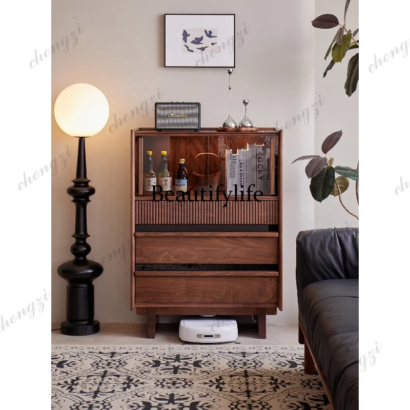 Black walnut retro side cabinet, antique magazine display cabinet, floor-to-ceiling entrance locker