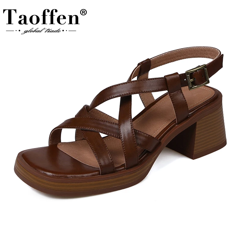 Brand Genuine Cow Leather Sandals Block Mid Heels Women Roma Sandals Square Toe Retro Buckle Sandals Slingback 2023 Trend