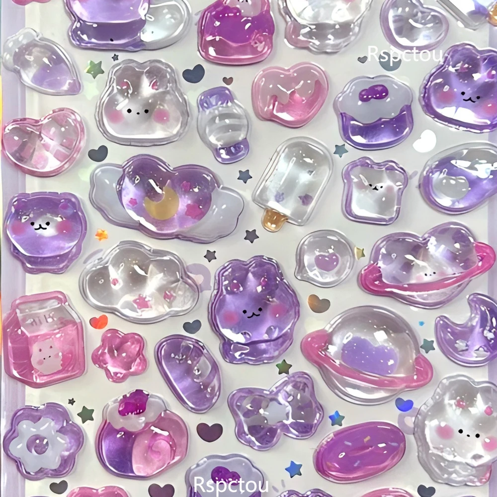 4pcs Kawaii Dessert and Food Series Relief Stickers Cute Cartoon 3D Crystal Reward Decals Laptop Fridge Phone Sticker Toys Gift