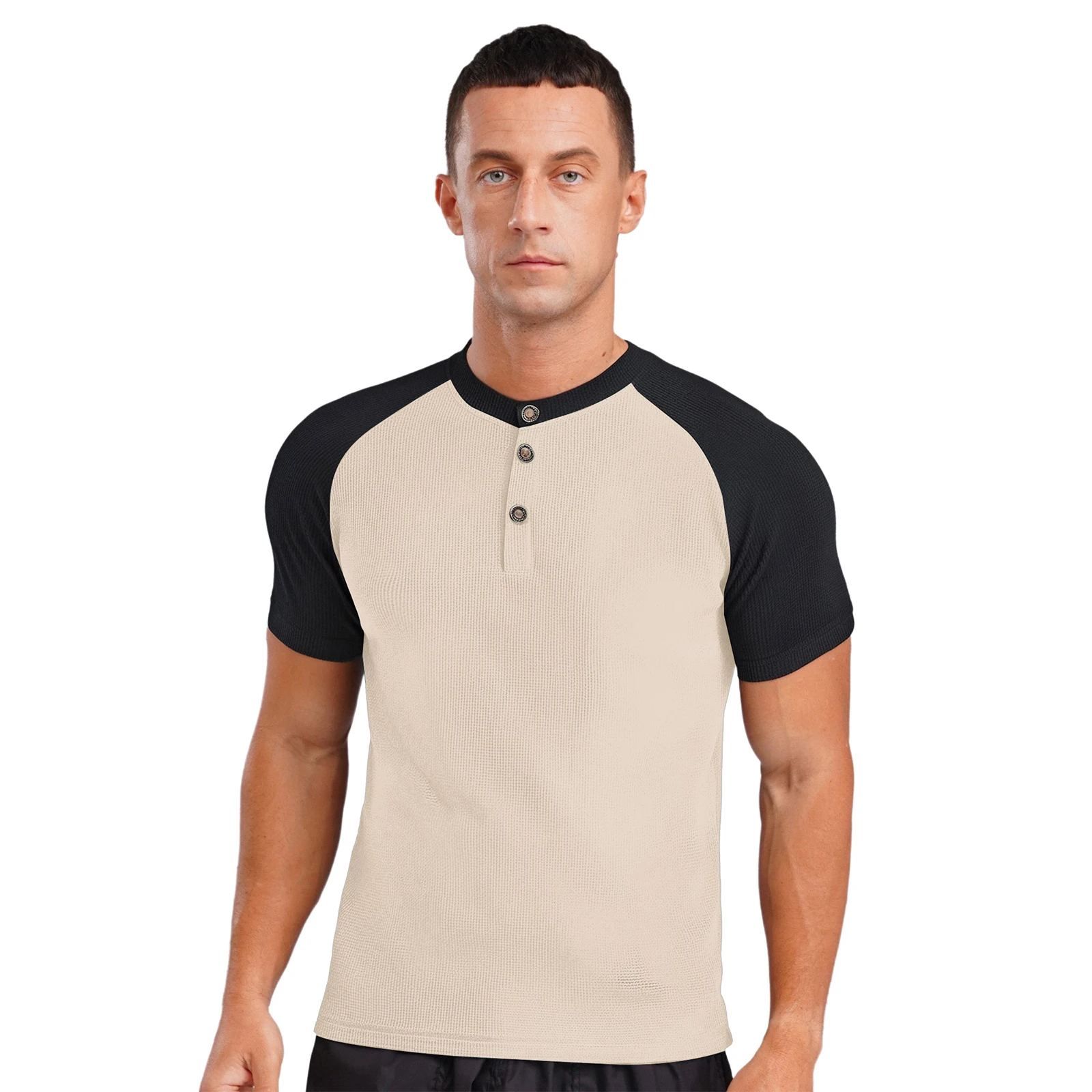

Mens Short Sleeve T-shirt Round Neck Casual Waffle Contrast Color Pullover Shirt Stylish Top for Office Summer Daily Clothing