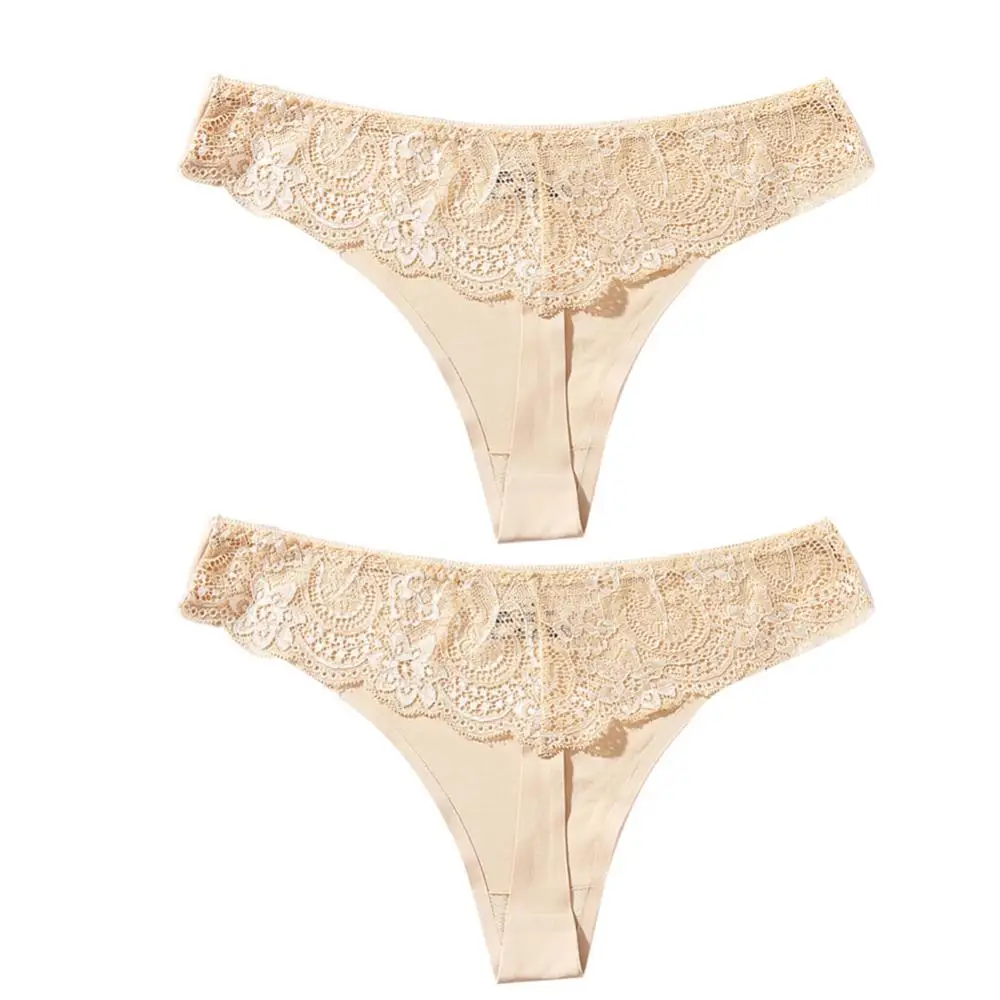 Ropa interior Sexy de 2 piezas para mujer, bragas de cintura baja de Color sólido, encaje sin costuras, Tanga elástico, lencería Floral transparente