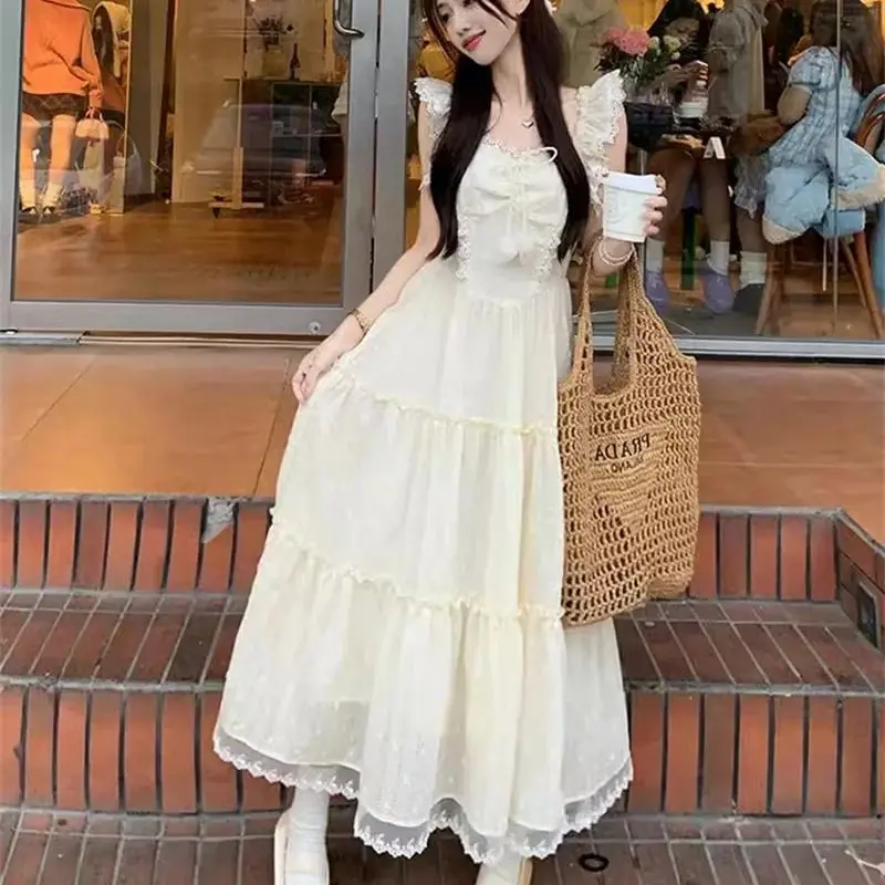 French Temperament Small Stature Tall Long Skirt With Waist Cinched Slim Small Flying Sleeve Suspender Dress 2024 Summer Dress