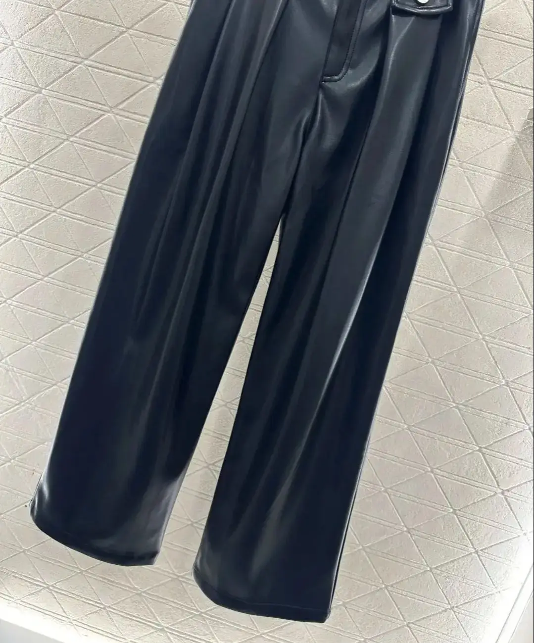 بنطال جلدي واسع الساق بطيات بحزام لخريف وشتاء مع صوف، بنطال جلدي نسائي عالي الخصر بأرجل مستقيمة