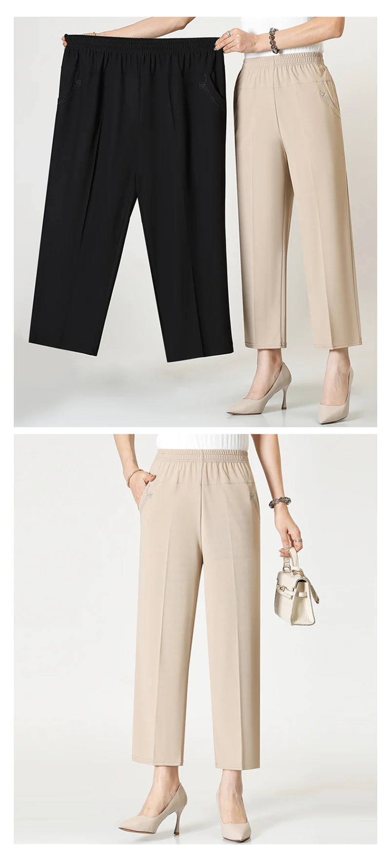 Extra Large Mom Summer Straight Pants Middle-Aged Women Elastic High Waist Grandma Ice Silk Cropped Pants Female Casual Pants