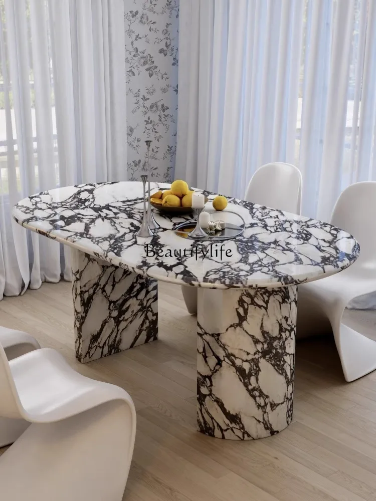 

4French marble dining table thickened retro small apartment solid wood simple oval dining table