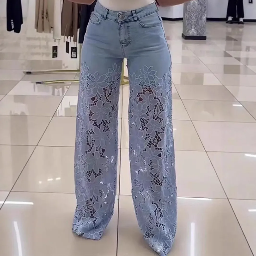 Patchwork Wide Leg Jeans with Commuter Style Casual No Stretch Full Length Long Pants Summer Lightweight High Waist Women Pants