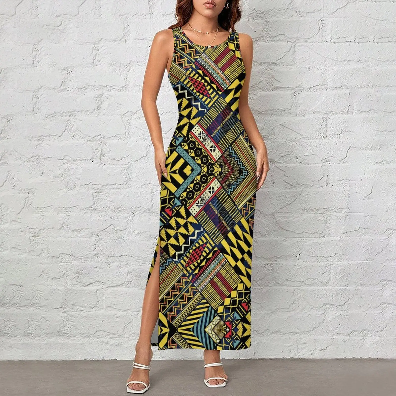 Women Bodycon Dress Club Party Patchwork Print Maxi Dresses Summer African Style Sleeveless Aesthetic Pattern Dress Large Size