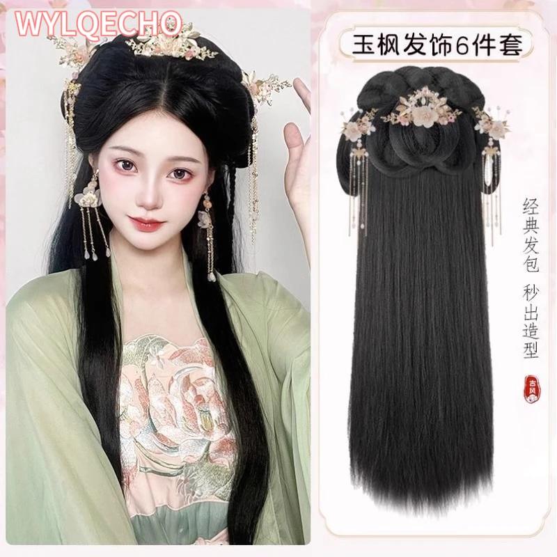 Hanfu Cosplay Wigs Women Black Anime Ancient Chinese Hanfu Wigs Headgear Accessories Hanfu Long Straight Wigs Black Wig Headband