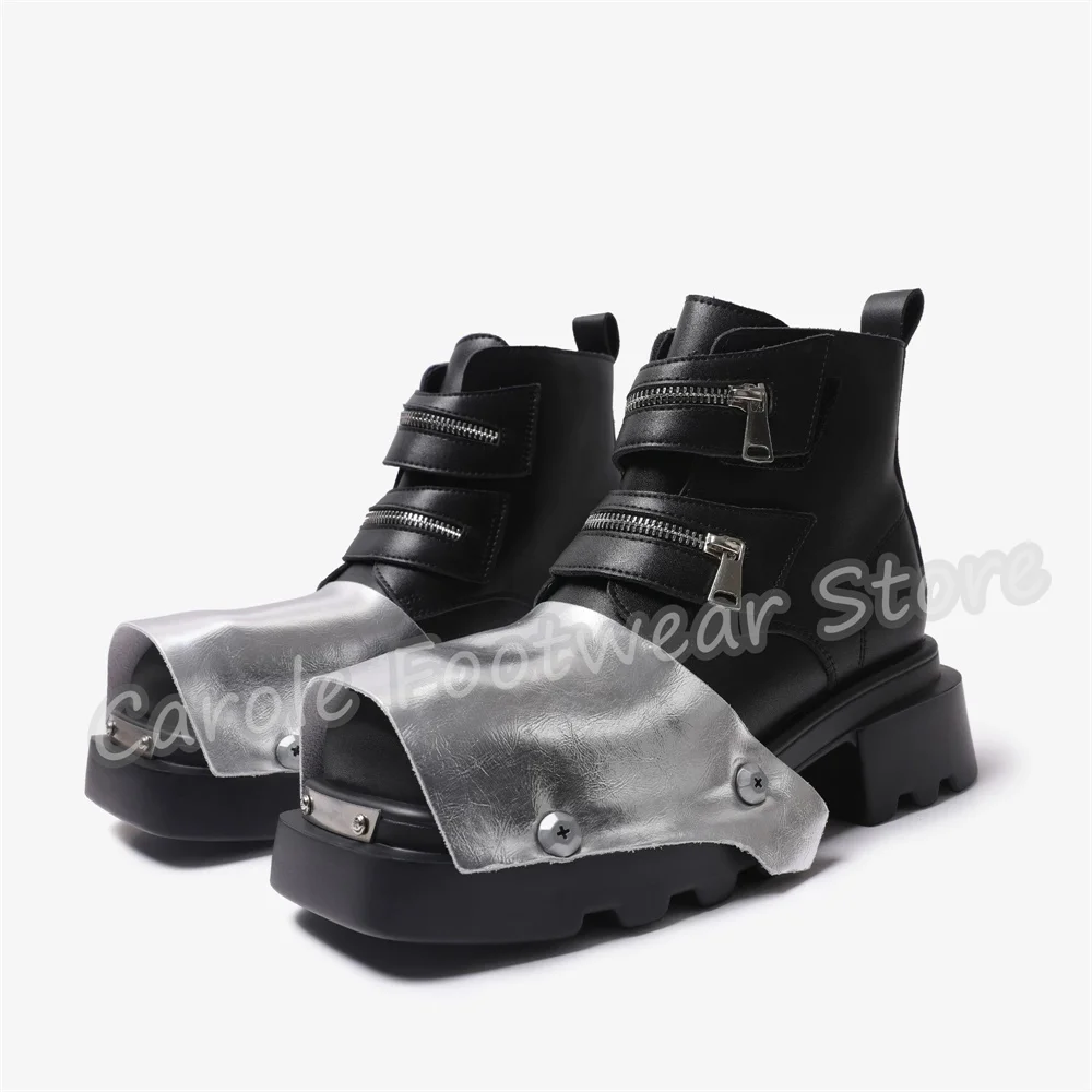 Mixed Color Leather Splicing High Top Male Boots Square Toe Chunky Heel Zipper Decor Motorcycle Boots Heigh Increasing Boots