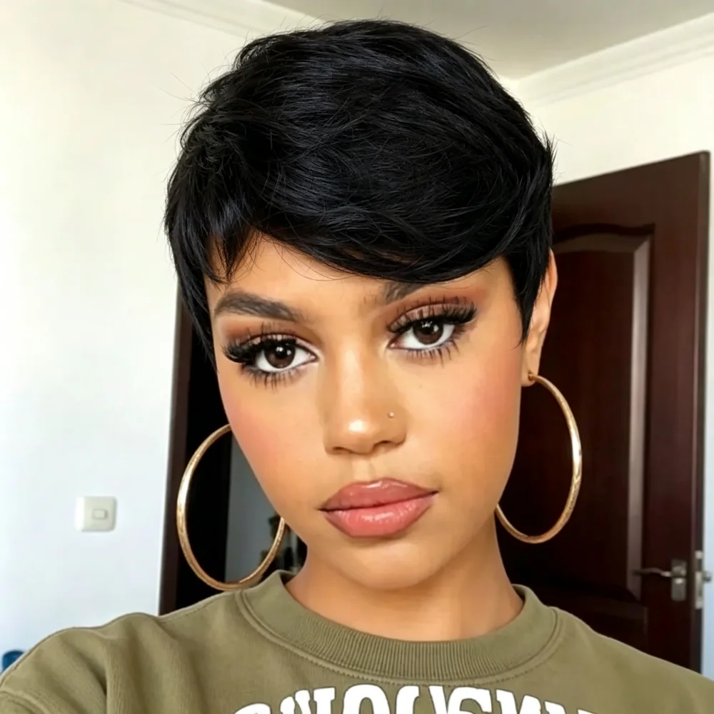 Full Machine Made Human Hair Short Pixie Wig, Soft Natural Black Short Layered Wig for Daily Look
