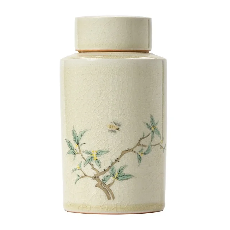 

Retro Chinese handmade jar, ceramic open and sealed tea jar, hand-painted waking tea jar