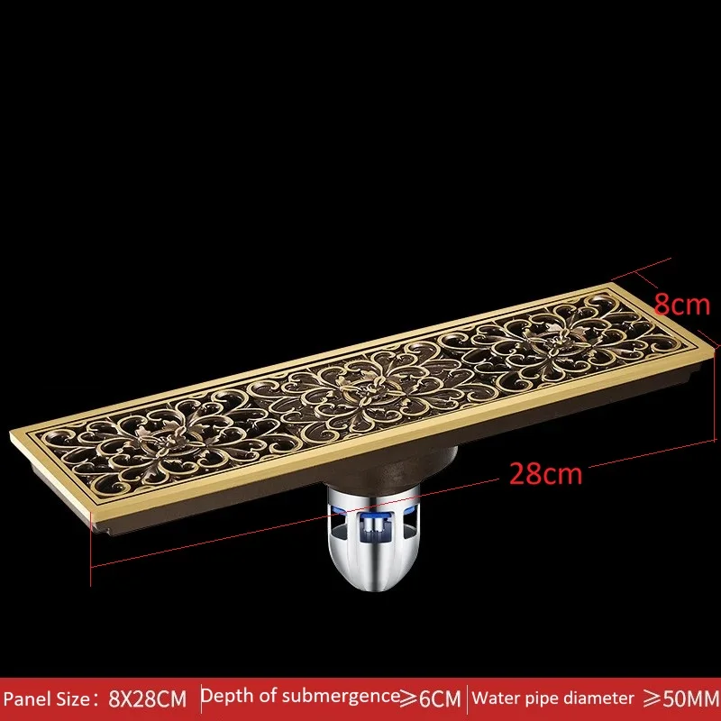 Brass 8*28cm  floor drain, European carved antique rectangular floor drain 11“ rectangular drain