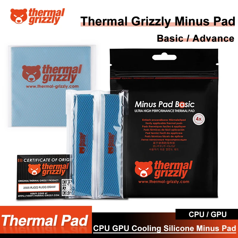 

Термопрокладки Thermal Grizzly Minus Pad Basic/Advance: Высокоэффективные силиконовые термопрокладки 100x100 мм для охлаждения GPU и CPU