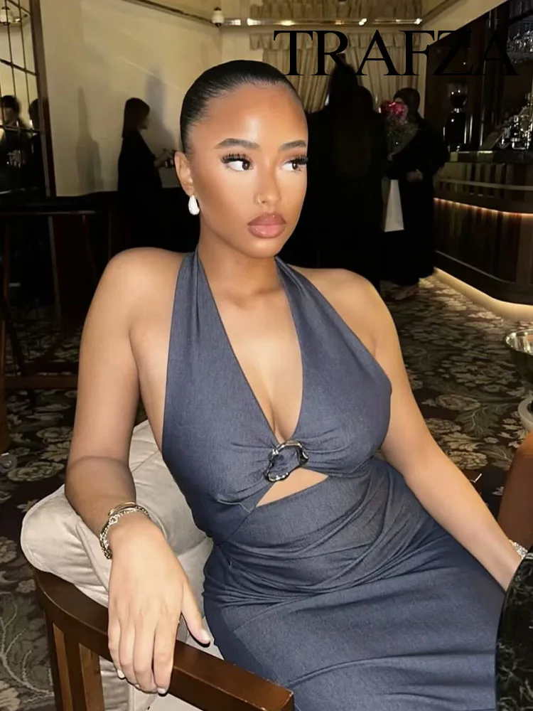 

HH 2025 Woman Summer Fashion Split Hem Backless Back Zipper Sleeveless Dress Female Open-end Design Halter Neck Midi Dress