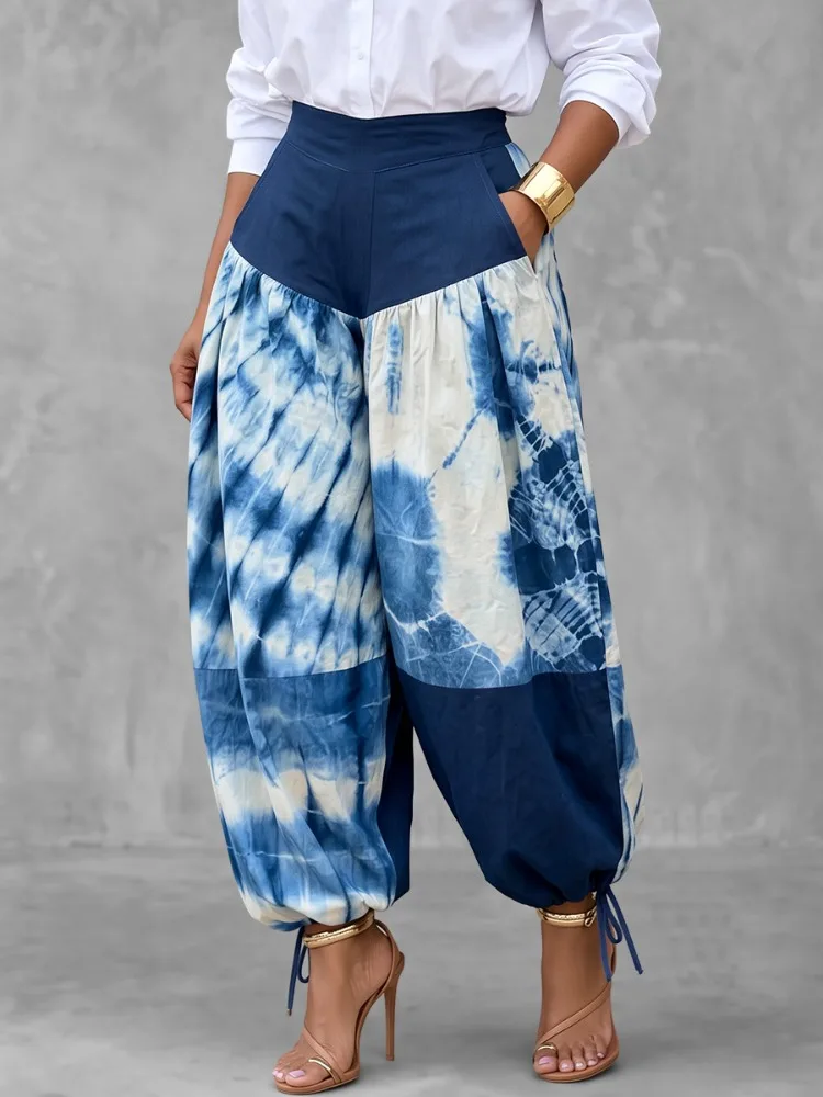 UOOZEE Women Contrast Color Printed High Waist Patchwork Harem Pants Loose Drawstring Ankle-Tied Casual Balloon Trousers