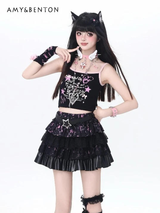 

Готическая юбка-туту в стиле Y2K для субкультур, модная мини-юбка с высокой талией, облегающее платье для милых и стильных девушек, кавайная юбка А-силуэта с цветными вставками для женщин