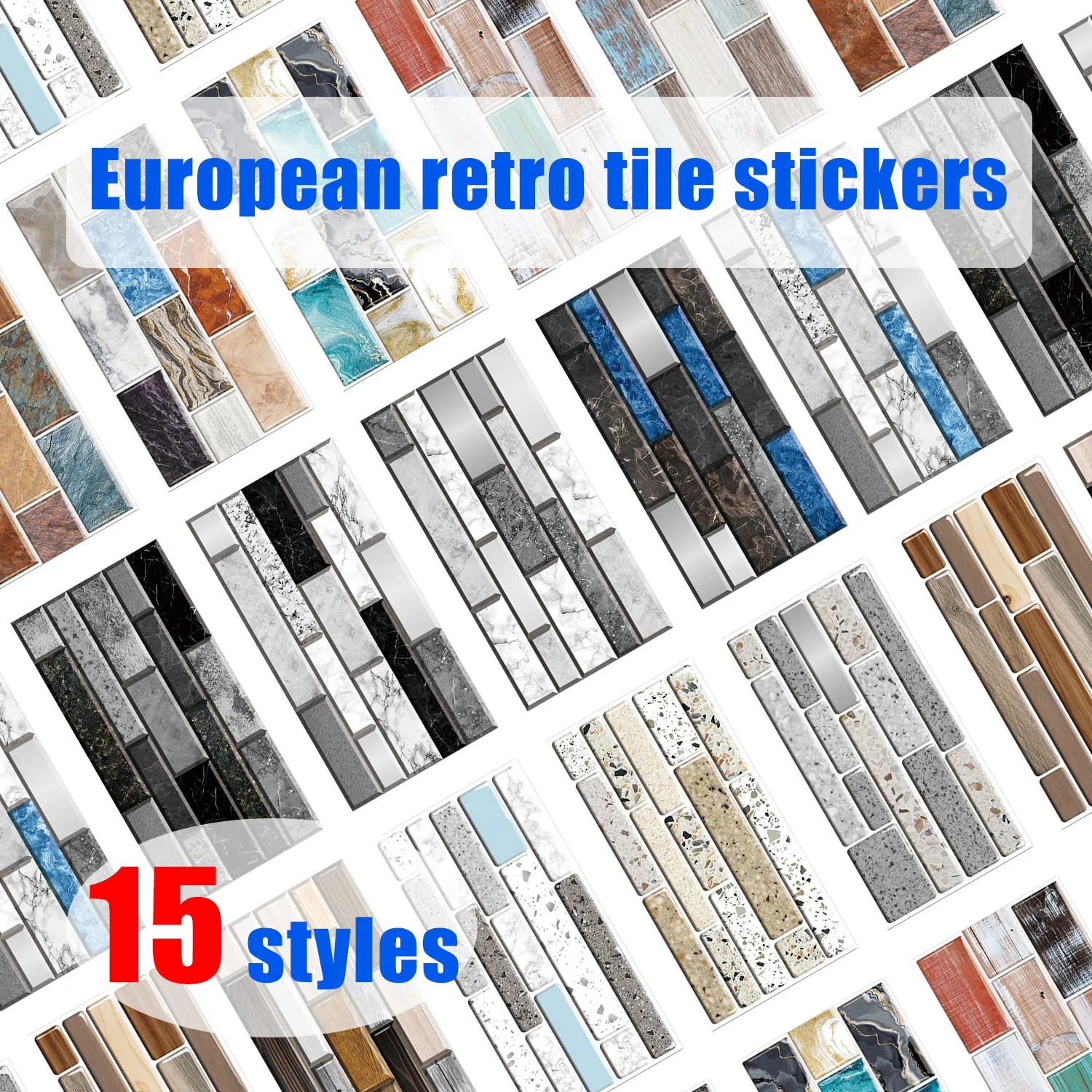 

Vintage European Tile Stickers 30x15cm Waterproof Self-Adhesive Wall Decals for Kitchen Bathroom Bedroom Living Room Decor