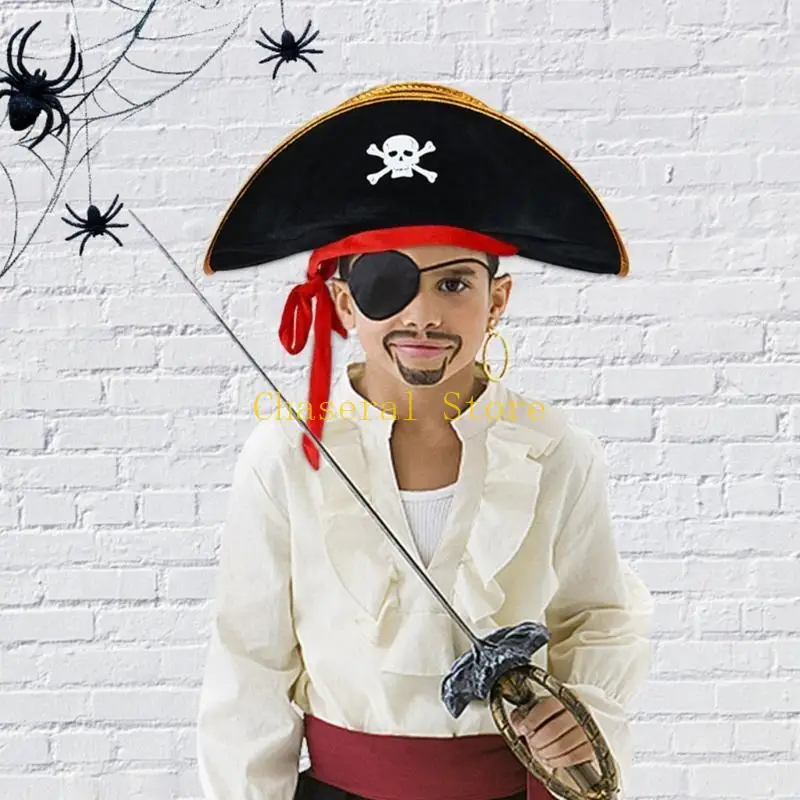 

E7CE Halloween Tricorn Hat Delicate Black Tricorn Hats Buccaneer Costume Hat