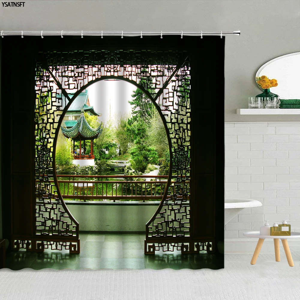 

Chinese Style Screen Garden Shower Curtain Pavilion Flower Bird Tree Bamboo Scenery Bathroom Supplies Cloth Curtains Home Decor