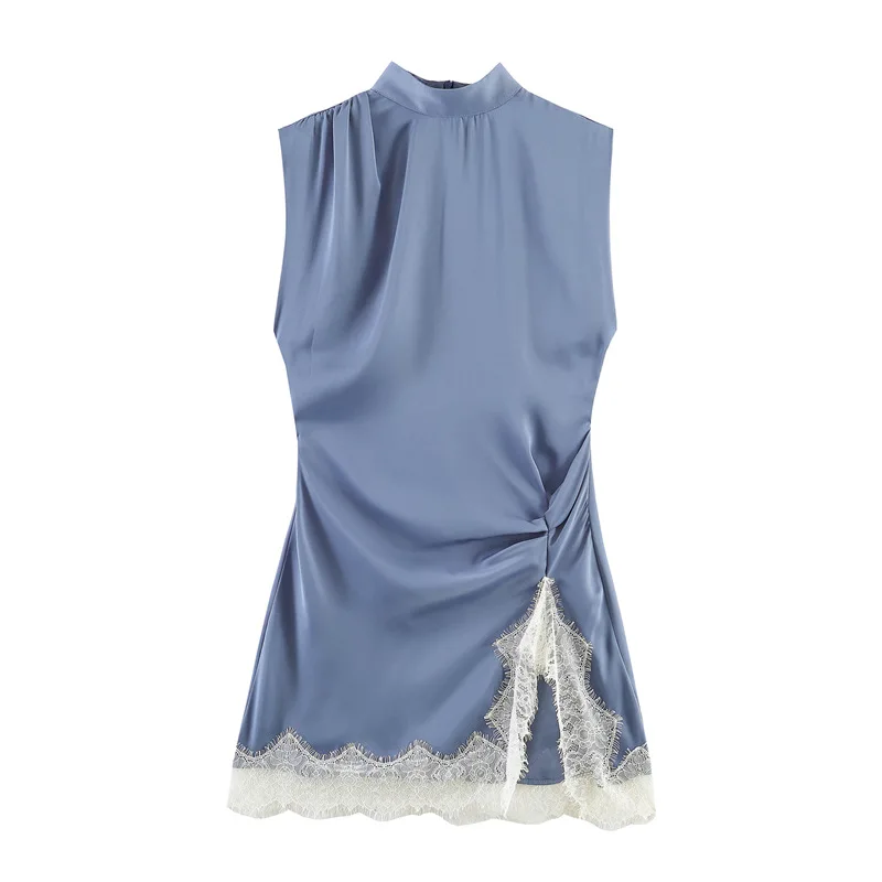 

Withered Sleeveless High Neck Lace Satin Textured Dress For Women Clothes Dress Elegant Party Dresses Vestidos Women's Dress