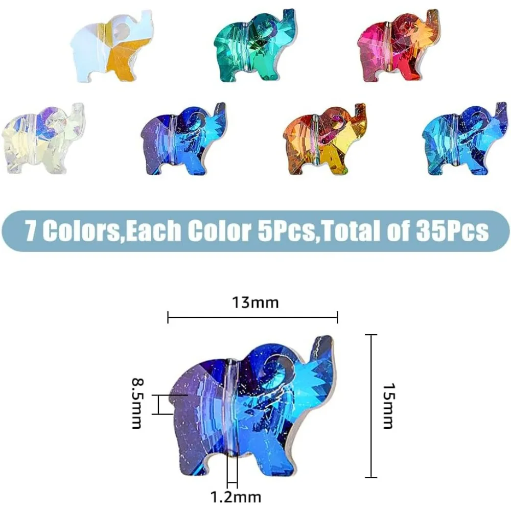 35Pcs 7 Colors Transparent Elephant Glass Beads Mixed Color Back Plated Charms Bulk Animal Spacer Beads making kit