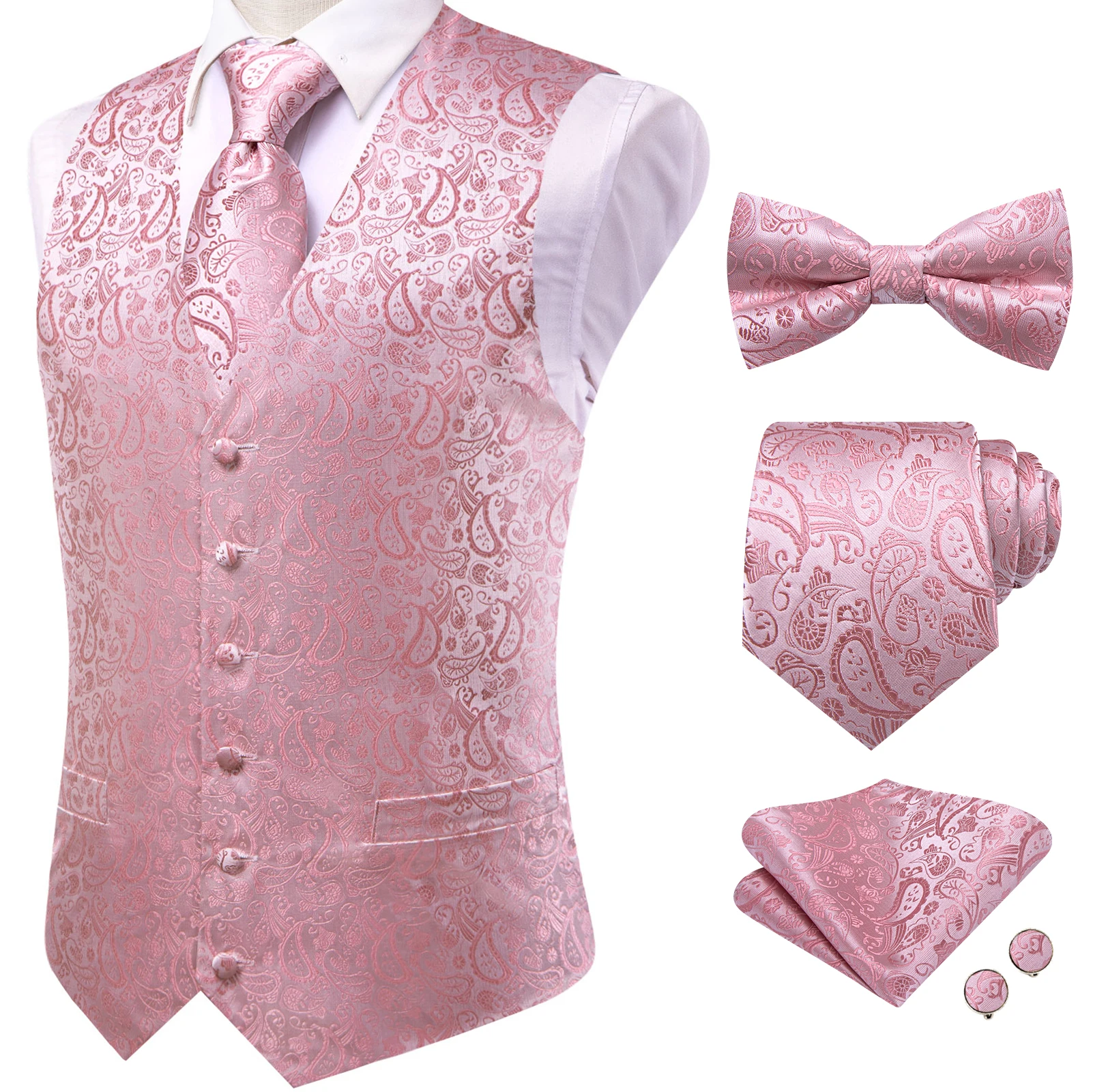 Herren Rot-Rosa Blumen-Paisley V-Kragen Weste Komplettset Business-Party-Kleidung Passendes Outfit – Detail 3