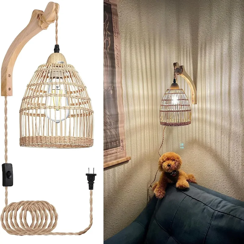 Imagem -02 - Vintage Hemp Rope Lamp Decoration Woven Rattan Lamp Quarto Sala de Estar Corredor Iluminação de Parede