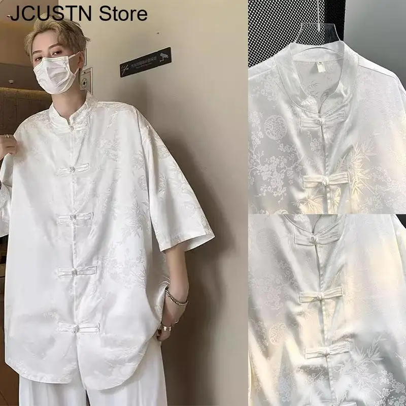 

Женская рубашка в стиле хип-хоп с коротким рукавом, большие размеры 3XL, блузка в стиле Ханфу Харадзюку, атласная уличная одежда, жаккардовые топы с бамбуковым узором