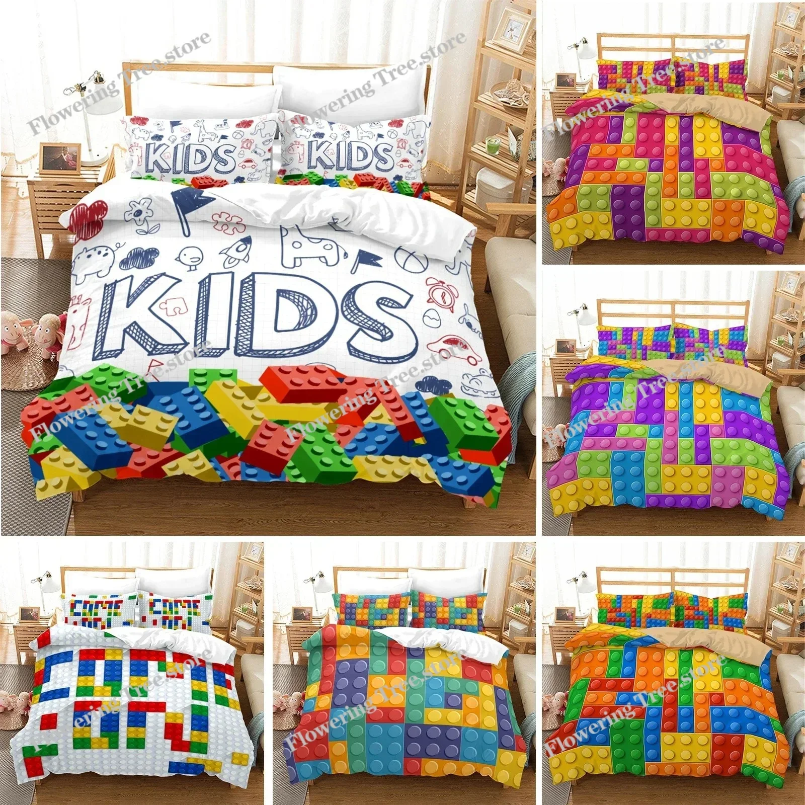 

Colorful Blocks Duvet Cover KingQueen Size,Building Toy Bedding Set Kids Boys Girls Orange Blue Fun Brick Polyester Quilt Cover