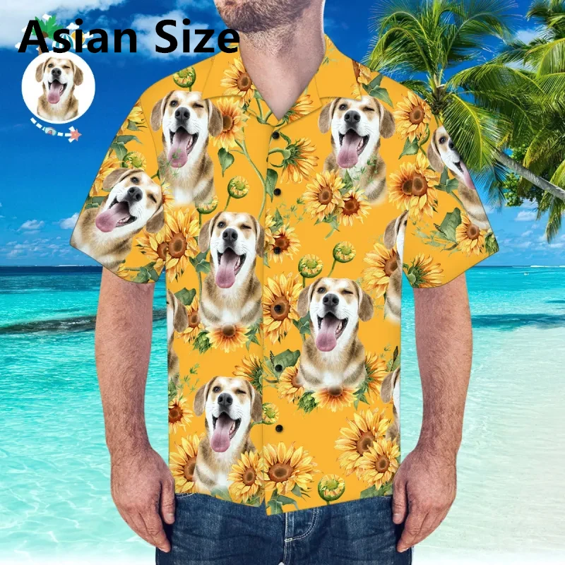 Camisas hawaianas divertidas y personalizadas con cara de perro para hombre, camisa de manga corta con estampado 3D de cara de mascota DIY, blusa holgada y transpirable