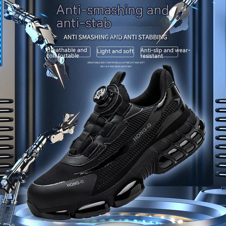 

Steel Toe Safety Shoes Men, Lightweight Rotating Button Work Shoes Anti-Puncture Anti-Smash Non Slip Industrial Work Boots