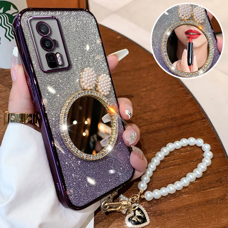 POCO F5pro Case with Pearl Lanyard Cover For Xiaomi poco F5 X6 X5 X3 M4 M6 pro C55 C65 C40 Luxury Bling Glitter Mirror Case F 5