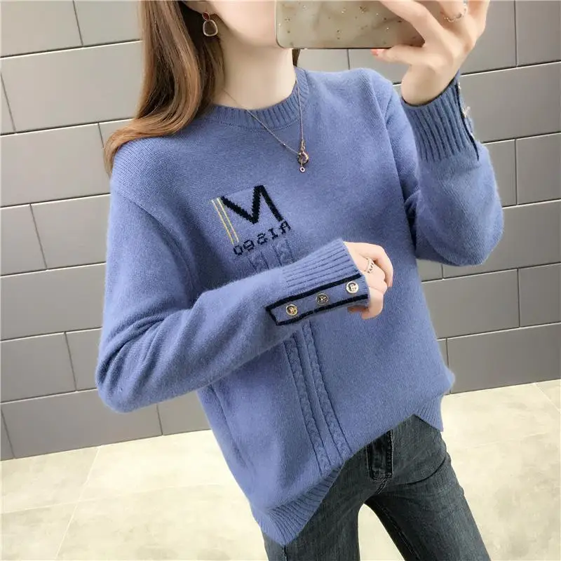 2023 Autumn Winter Women Korean Fashion Letter Button Chic Knitted Sweaters Casual Long Sleeve Loose Pullover Tops Basic Jumpers