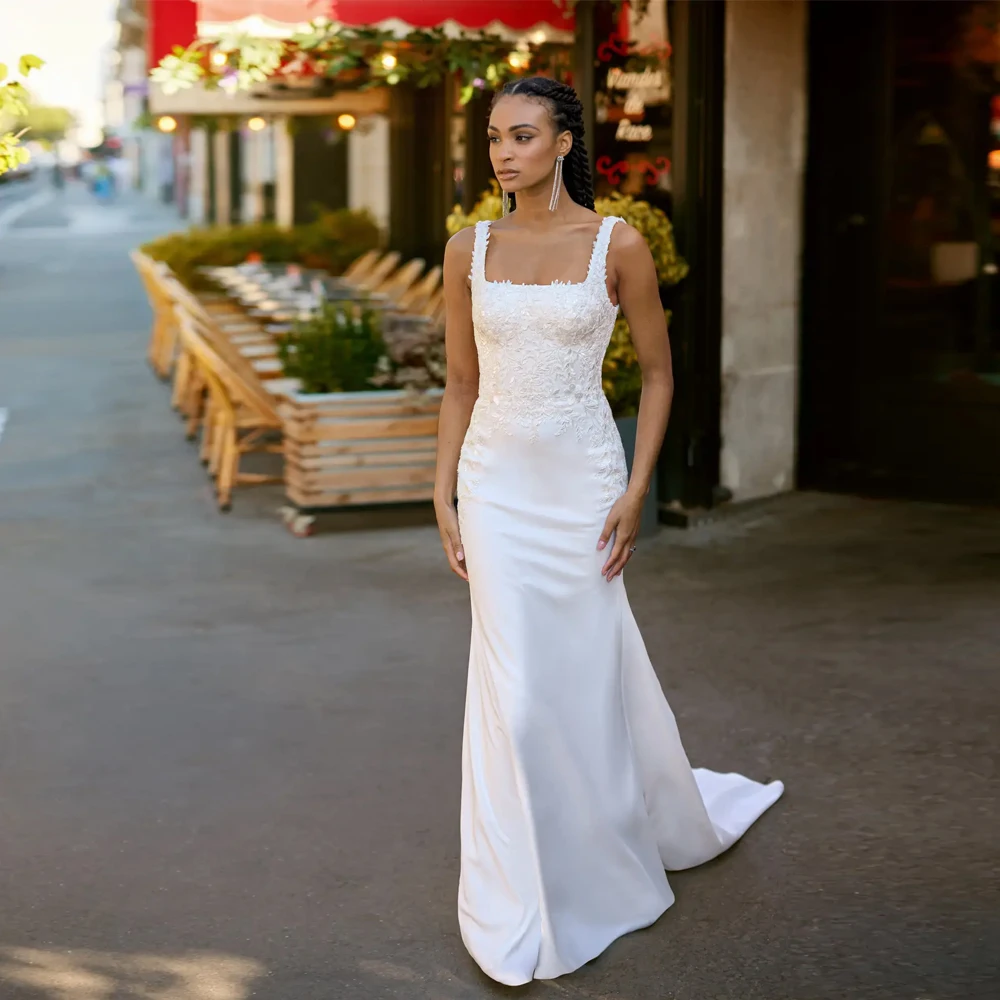 Свадебное платье без рукавов с квадратным вырезом и широкими бретелями, кружевное платье из джерси с аппликацией по индивидуальному заказу, платья невесты с открытой спиной, Vestidos De Novia