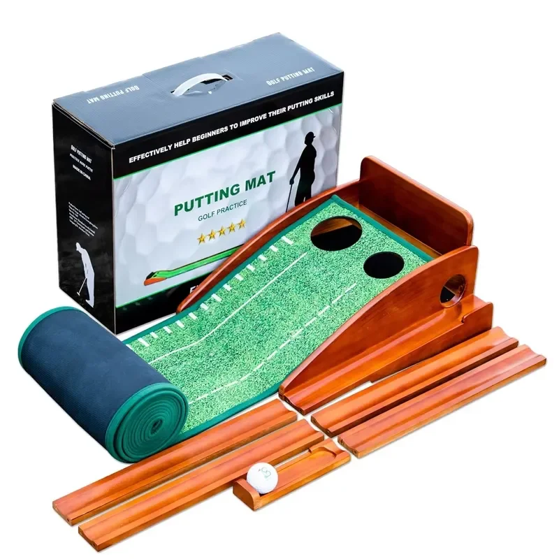 Professional Golf Putting Mat with Automatic Ball Return, Wooden Indoor Putting Practice Trainer